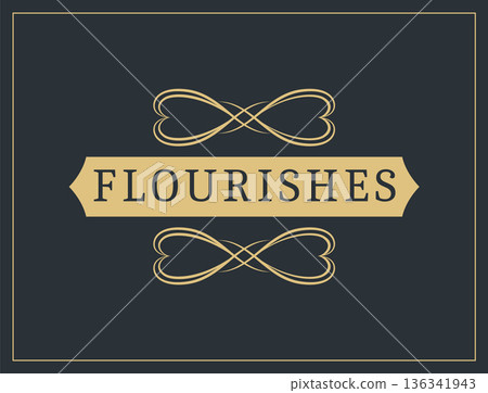 Flourishes calligraphic vintage ornamental background. Vector luxury invitation, restaurant menu or royalty certificate. Golden ornate page with swirls and vignettes elements Flourishes calligraphic vintage ornamental background. Vector luxury invitation, restaurant menu or royalty certificate. Golden ornate page with swirls and vignettes elements 136341943