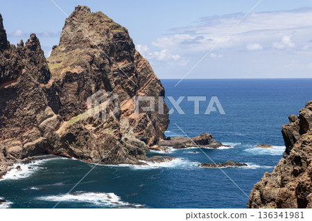 Baia d Abra sea stack at Ponta de Sao Lourenco Madeira, cliffs and Atlantic 136341981