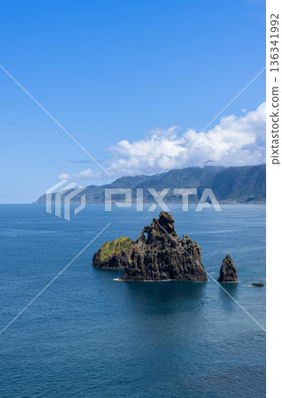 Vertical view Ilheus da Ribeira da Janela Madeira Portugal, basalt rocks and ocean Vertical view Ilheus da Ribeira da Janela Madeira Portugal, basalt rocks and ocean 136341992