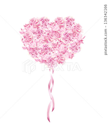 Watercolor balloon from pink roses in heart shape with hanging silk ribbons. Elegant flower open bud illustration for Valentine's Day, bachelorette party, Wedding. Isolated from background 136342166
