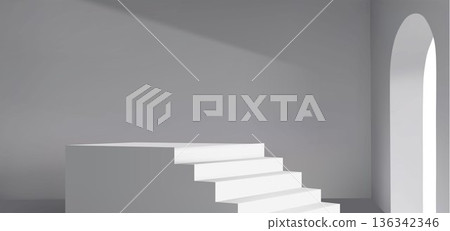 White 3D stair podium with arch window realistic White 3D stair podium with arch window realistic 136342346