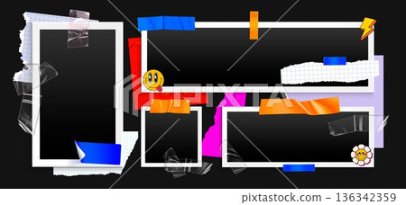 Vintage photo collage, paper frames, adhesive tape 136342359