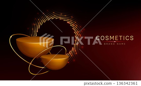 Elegant floating golden podiums with gold rings Elegant floating golden podiums with gold rings 136342361