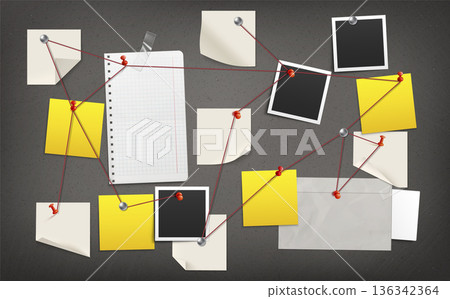 Detective investigation board with crime evidence 136342364