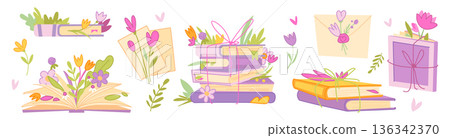 Book stack with flowers cartoon vector illustration 136342370
