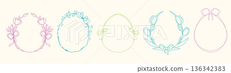 Whimsical Easter egg frame, flower pattern, ribbon 136342383