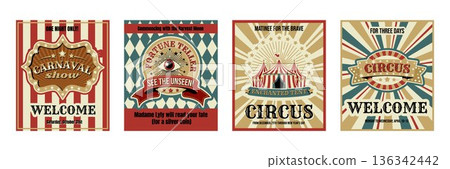Retro circus carnival cards set, poster design Retro circus carnival cards set, poster design 136342442