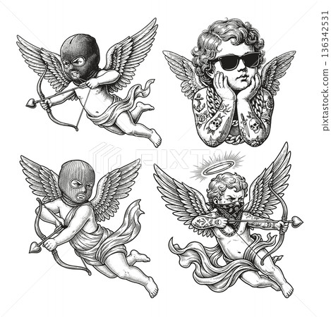 Vintage Cupids Vector Illustrations 136342531