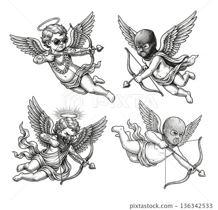 Stylized Vintage Cupids Vector Illustrations 136342533