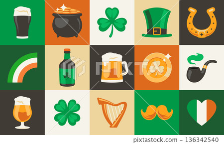 Saint Patricks Day Icon Set Mosaic Vector Illustration Saint Patricks Day Icon Set Mosaic Vector Illustration 136342540