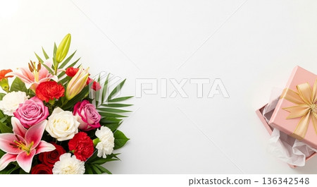 Bouquet of lilies and roses, gift and blank background 136342548