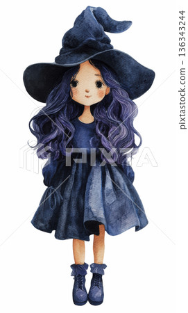 Watercolor cute doll girl wearing black winter knitted dress and witch hat costume on Halloween clip art illustration isolated on white background 136343244