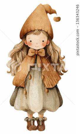 Watercolor cute doll girl wearing brown winter knitted dress and witch hat costume on Halloween clip art illustration isolated on white background 136343246