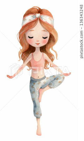 Watercolor cute doll girl yoga pose on mat clip art illustration isolated on white background 136343248