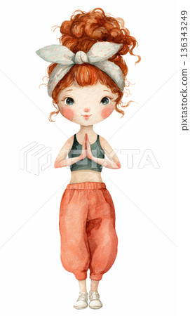 Watercolor cute doll girl yoga pose on mat clip art illustration isolated on white background 136343249
