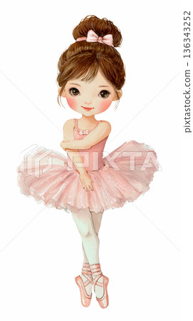 Watercolor cute doll girl dancing ballerina in light pink tutu skirt costume clip art illustration isolated on white background 136343252