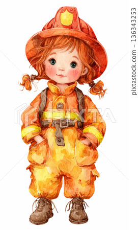 Watercolor cute doll girl Firefighter with helmet costume clip art illustration isolated on white background Watercolor cute doll girl Firefighter with helmet costume clip art illustration isolated on white background 136343253