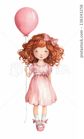 Watercolor cute doll girl wearing pink dress holding pink balloon costume clip art illustration isolated on white background 136343256