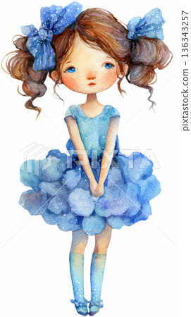 Watercolor cute doll girl wearing a blue dress and bows costume clip art illustration isolated on white background Watercolor cute doll girl wearing a blue dress and bows costume clip art illustration isolated on white background 136343257