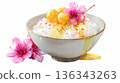 Watercolor thai dessert is Shave ice with Thai glutinous rice balls in coconut milk and blooming pink flowers in white bowl clip art illustration isolated on white background 136343263