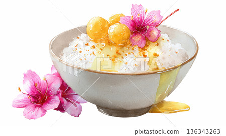 Watercolor thai dessert is Shave ice with Thai glutinous rice balls in coconut milk and blooming pink flowers in white bowl clip art illustration isolated on white background 136343263