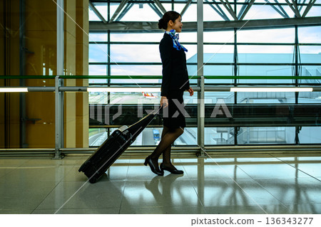 A woman walking through the airport departure lobby. Photo courtesy of Kansai International Airport (KIX). A woman walking through the airport departure lobby. Photo courtesy of Kansai International Airport (KIX). 136343277