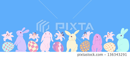 Easter Banner Blue Background. Rabbits Eggs Lilies Easter Banner Blue Background. Rabbits Eggs Lilies 136343291