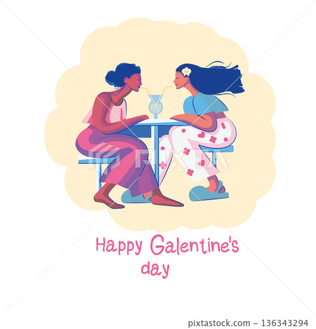 Galentine Day Card Flat Illustration. 136343294