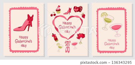 Galentine's Day Card Set. Cocktails, Shoes, Heart 136343295
