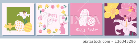 Happy Easter Square Poster Set. Flat Design 136343296