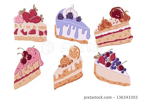 Flat vector set of six delicious cake slices 136343303