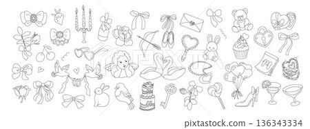 Valentine Line Art Elements Set Valentine Line Art Elements Set 136343334