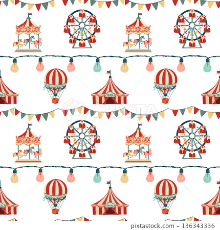 Vintage Carnival Seamless Pattern. Balloon, Circus, Rides Vintage Carnival Seamless Pattern. Balloon, Circus, Rides 136343336