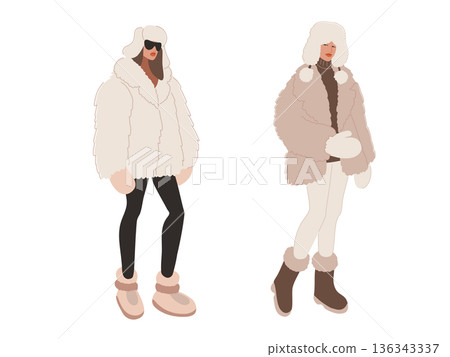 Slavic Girls in Fur Coats Winter Illustration. Flat Slavic Girls in Fur Coats Winter Illustration. Flat 136343337
