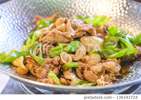 Chinese dish of stir-fried pork, green onions, and white wood ear mushrooms Chinese dish of stir-fried pork, green onions, and white wood ear mushrooms 136343728