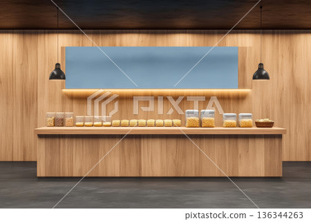 Snack bar counter wooden interior modern minimal cereal jar pastry display warm light 136344263