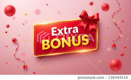 Extra bonus red label ribbon bow reward promotion festive extra bonus red label ribbon bow reward promotion sale celebration background joy 136344516