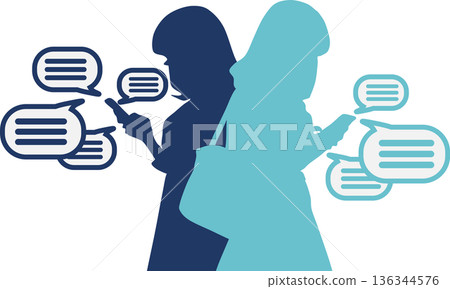 一幅描繪女性沉迷於社群媒體的插圖 136344576