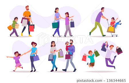 People shopping. Children in grocery market or mall shopping with parents mother and father exact vector illustrations set People shopping. Children in grocery market or mall shopping with parents mother and father exact vector illustrations set 136344665