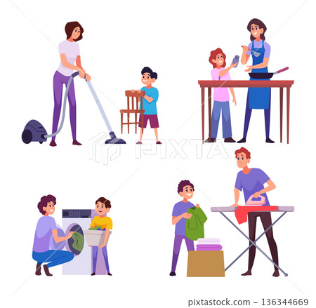 Kids house work. Little homework routine in family kids helping parents exact vector cartoon illustrations Kids house work. Little homework routine in family kids helping parents exact vector cartoon illustrations 136344669