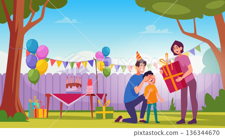 Kids birthday. Party for kids with gifts in present boxes exact vector happy family Kids birthday. Party for kids with gifts in present boxes exact vector happy family 136344670