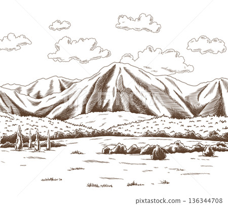 Vintage meadow with high mountains and clouds. Hand drawn farm land vector illustration. Rural landscape, village vintage sketch Vintage meadow with high mountains and clouds. Hand drawn farm land vector illustration. Rural landscape, village vintage sketch 136344708