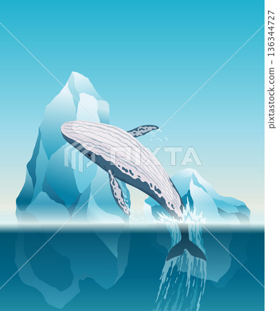 Whale jumping under the blue ocean surface near icebergs. Winter arctic vector illustration. Iceland 136344727