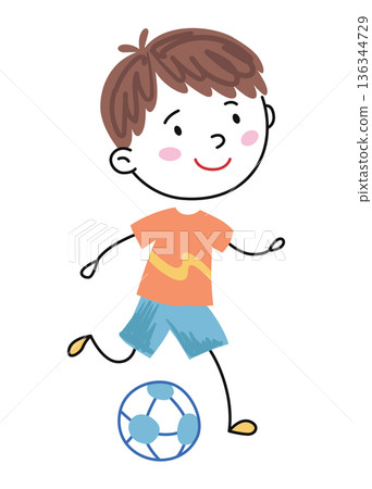 Child engaging in energetic soccer, Lively child kicking ball outdoors with happiness, Cheerful Caucasian child enthusiastically kicking soccer ball in sunny park scene 136344729