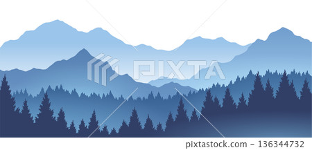 Foggy mountains landscape background. Smoky and rocky panorama with mountains skyline and pine tree forest silhouettes. Scenery with slopes, vector cartoon illustration 136344732