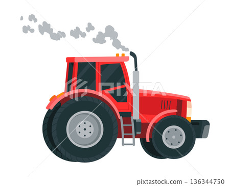 Tractor ready to plowing the field in rural or countryside land. Farm life, equipment for soil cultivation. Vector cartoon illustration 136344750
