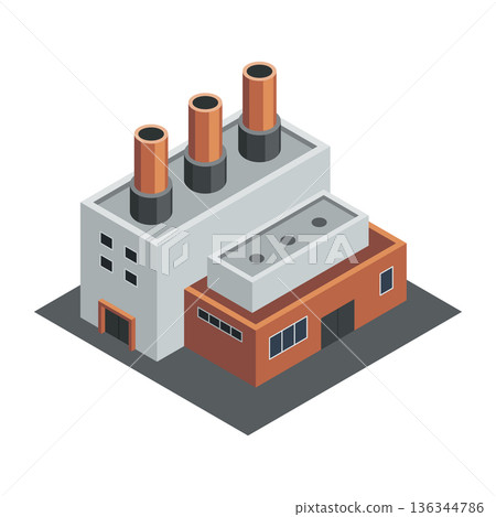 Factory isometric. Industrial bulding. Concept of industrial plant with chimney tower. 3d isolated icon. Architecture of manufacture house. Vector cartoon illustration 136344786