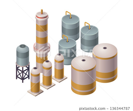 Industrial tank complex, Modern industrial tanks connected by pipelines and platforms, Industrial storage system featuring cylindrical tanks and interconnected pathways Industrial tank complex, Modern industrial tanks connected by pipelines and platforms, Industrial storage system featuring cylindrical tanks and interconnected pathways 136344787