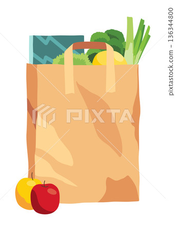 Paper shopping bag products grocery. Different food and beverage products, grocery shopping. Grocery supermarket. Fresh organic food and drinks. Grocery delivery concept 136344800