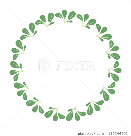Round frame with delicate green lettuce leaves. Hand-drawn colorful lettuce leaves, vegetables, and kitchen utensils. Healthy organic produce. Fresh, healthy vegetables. 136344801